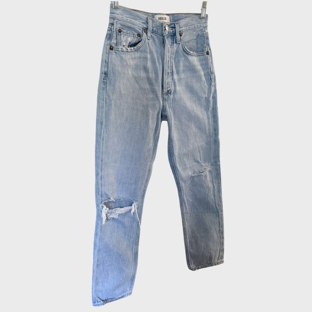 Agolde Riley High-Rise Straight Crop Jeans Blue Women's 24 Distressed Button-Fly - Picture 3 of 11